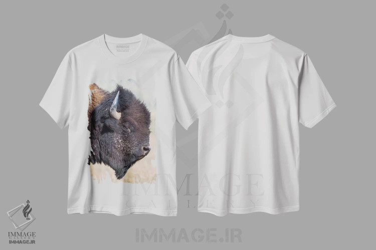 تیشرت سفید طرح دار – تیشرت حیوانات ,نمای نیم رخ گاومیش آمریکایی پارک گرند تیتون اثر موگنس تروله immage.ir