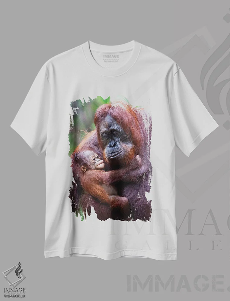تیشرت سفید طرح دار – تیشرت حیوانات ,مادر و بچه اورانگوتان بورنئو اثر موگنس تروله فروشگاه ایماژ