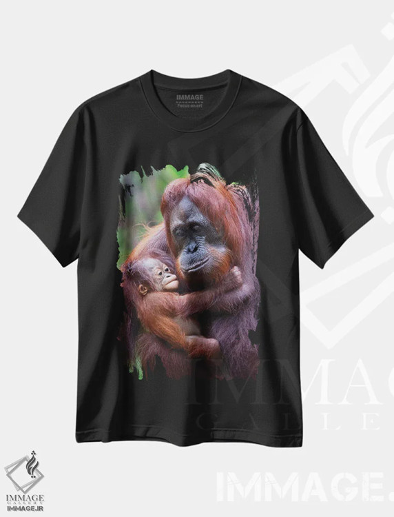 تیشرت مشکی طرح دار – تیشرت حیوانات ,مادر و بچه اورانگوتان بورنئو اثر موگنس تروله immage.ir