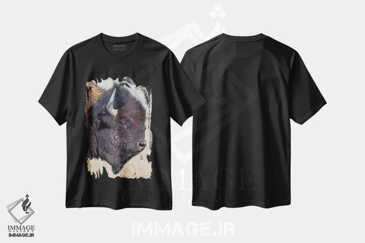 تیشرت مشکی طرح دار – تیشرت حیوانات ,نمای نیم رخ گاومیش آمریکایی پارک گرند تیتون اثر موگنس تروله فروشگاه ایماژ