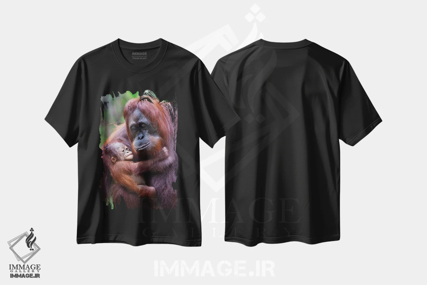 تیشرت مشکی طرح دار – تیشرت حیوانات ,مادر و بچه اورانگوتان بورنئو اثر موگنس تروله immage.ir