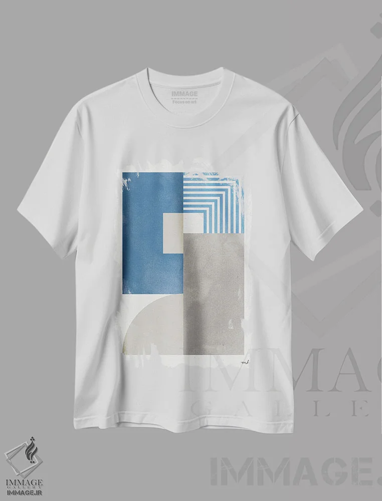تیشرت سفید طرح دار – تیشرت هنری ,زرق وبرق دکو آبی اثر موایرا هرشی فروشگاه ایماژ