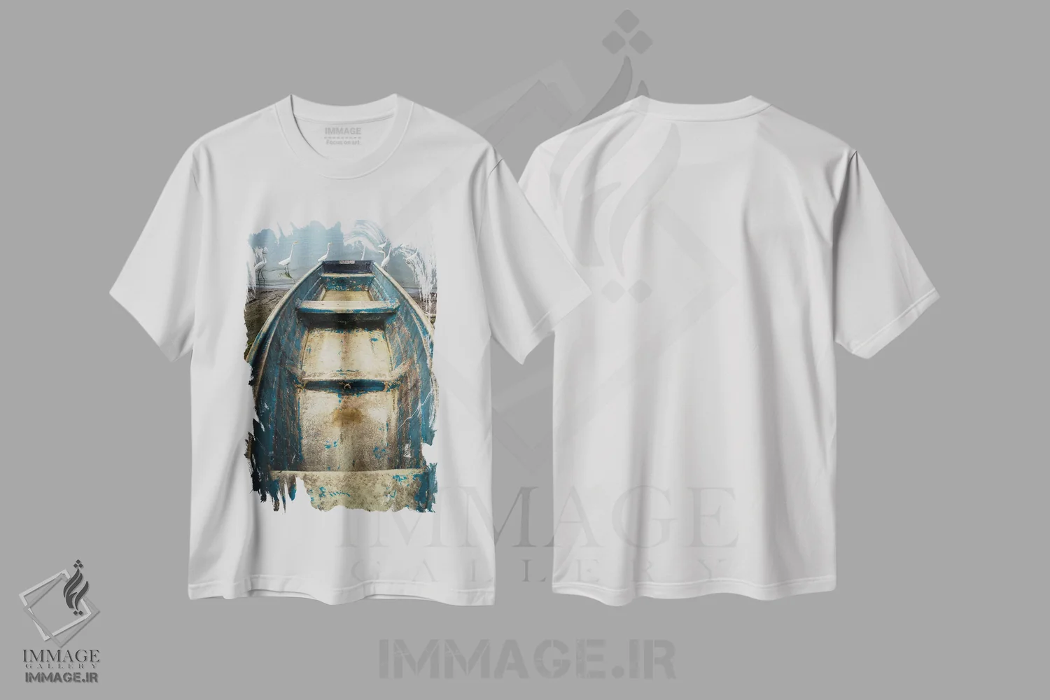 تیشرت سفید طرح دار – تیشرت طبیعت ,قایق آبی اثر موایسس لوی فروشگاه ایماژ