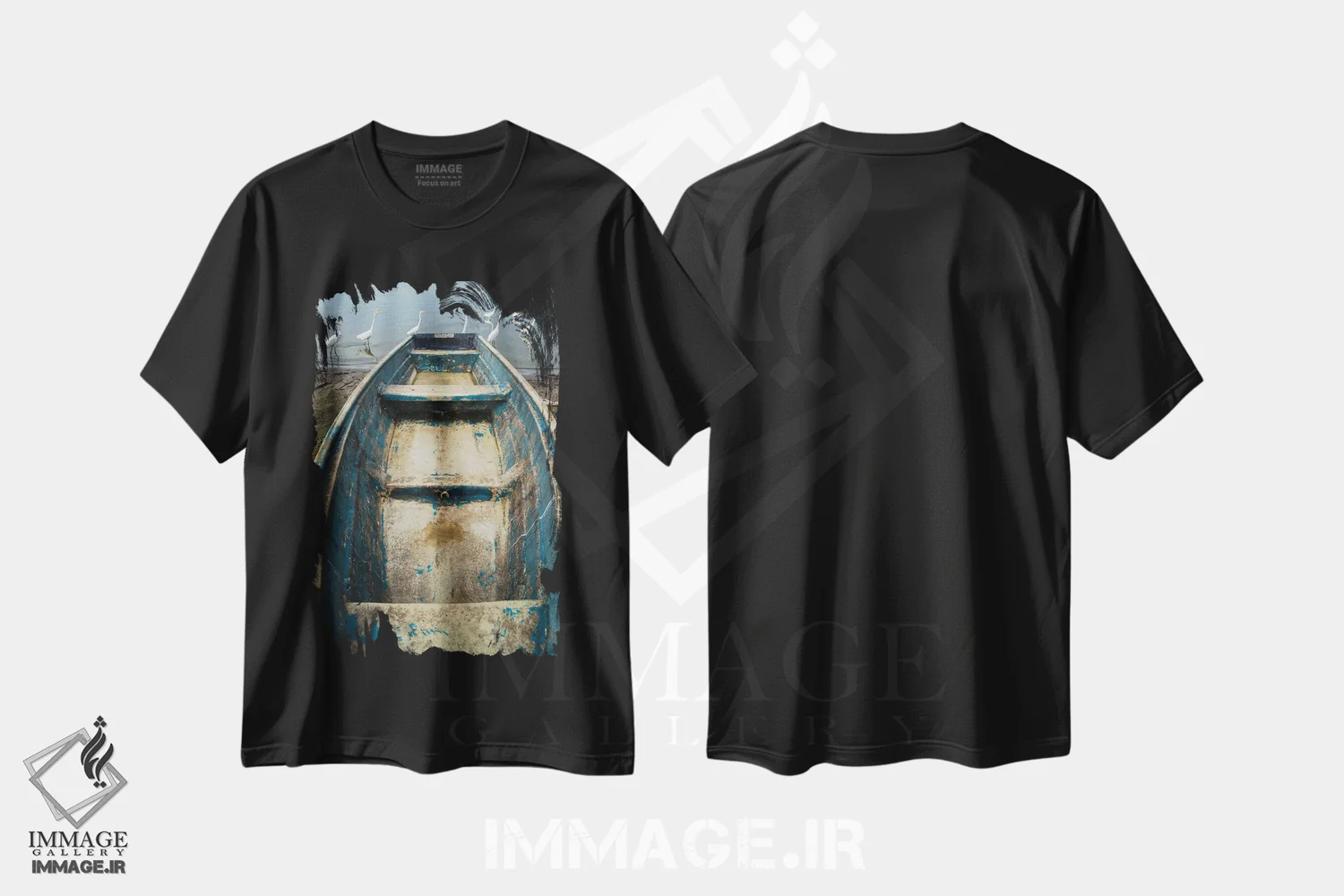 تیشرت مشکی طرح دار – تیشرت طبیعت ,قایق آبی اثر موایسس لوی immage.ir