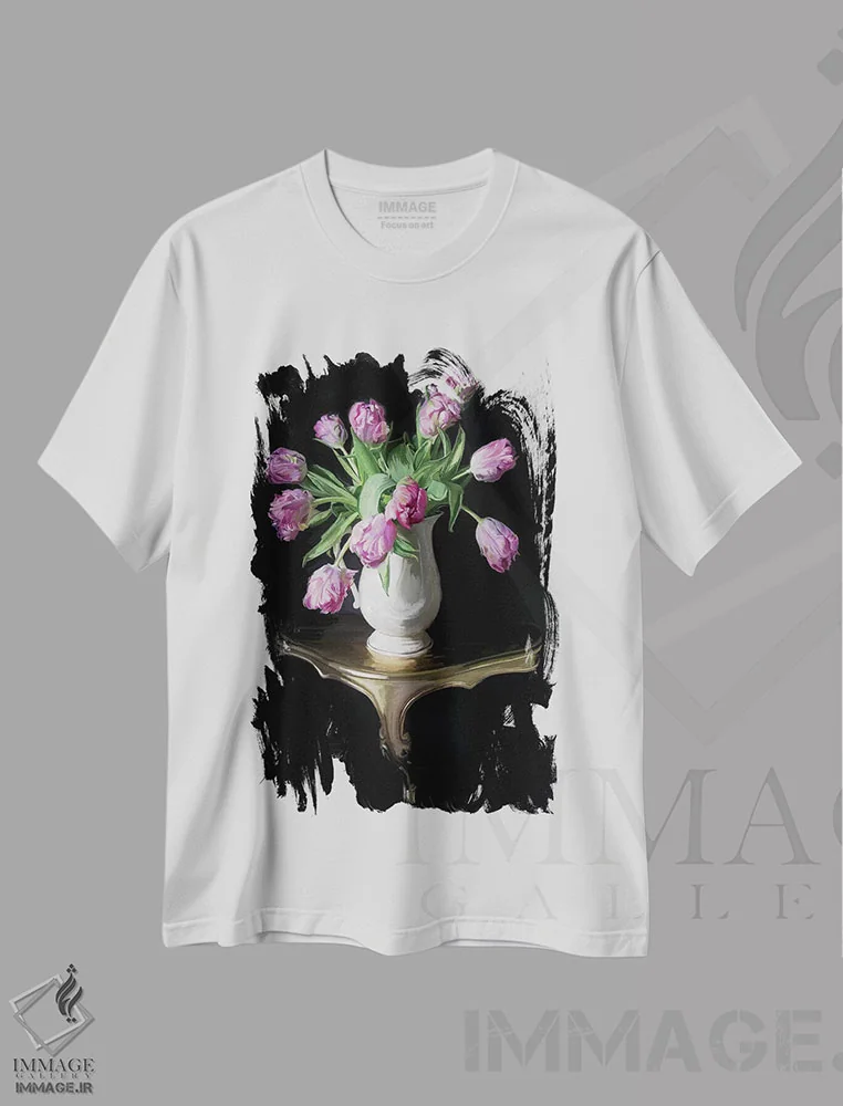تیشرت سفید طرح دار – تیشرت گل ,لاله های آبشاری اثر فایو بای فایو کالکتیو immage.ir