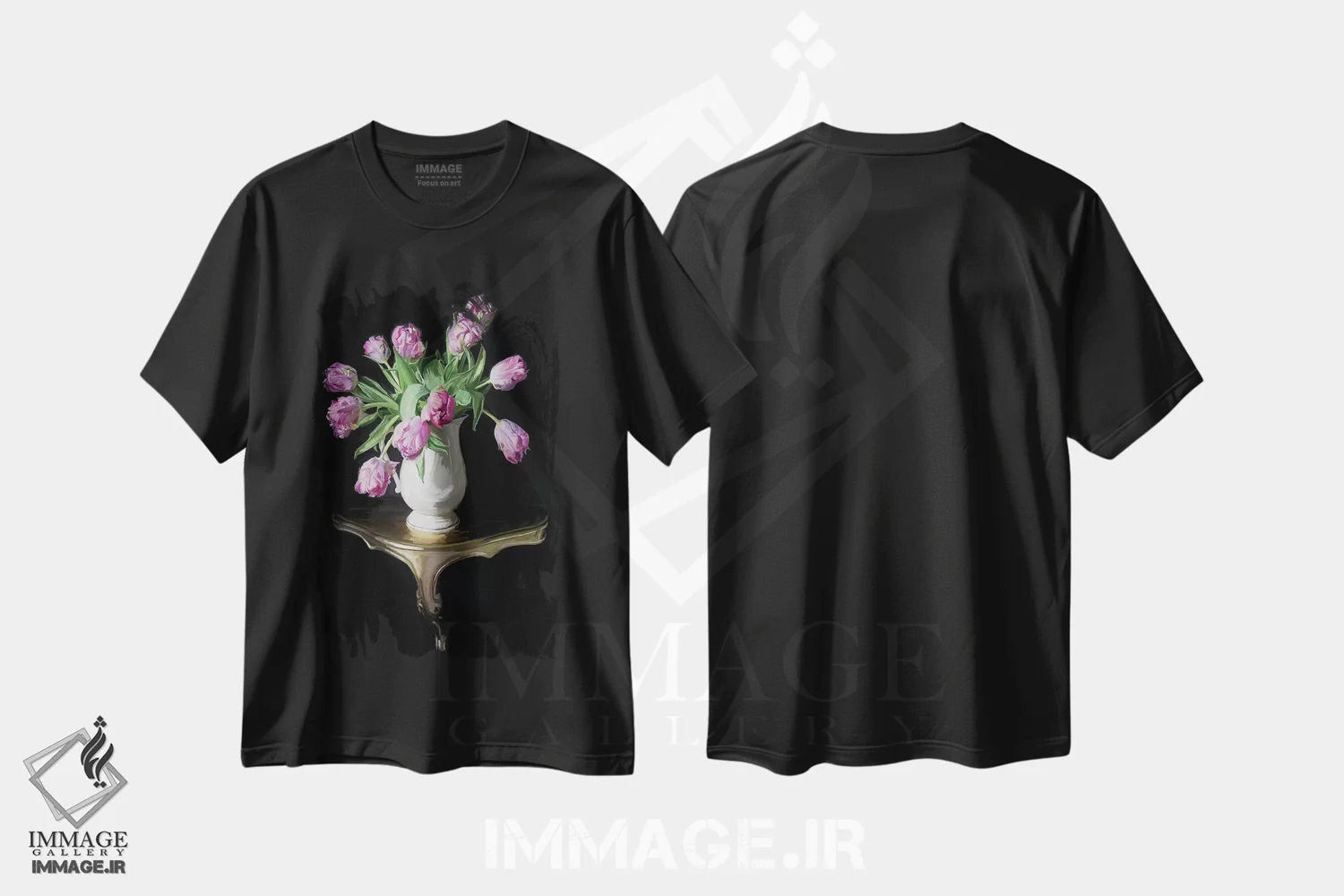 تیشرت مشکی طرح دار – تیشرت گل ,لاله های آبشاری اثر فایو بای فایو کالکتیو فروشگاه ایماژ