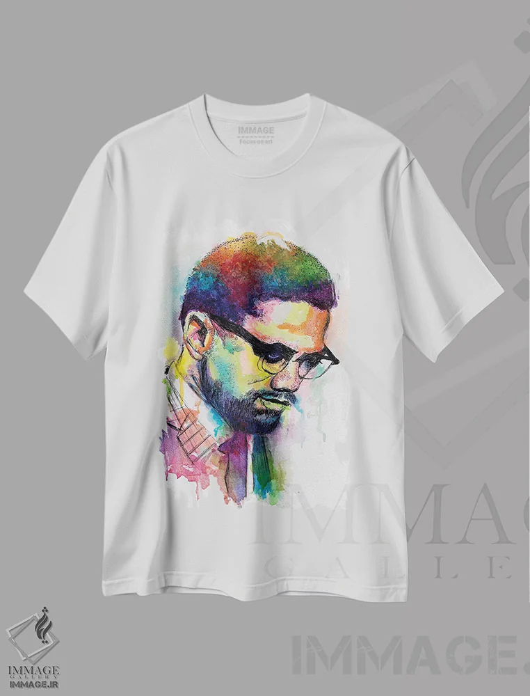 تیشرت سفید طرح دار – تیشرت سیاسی ,مالکوم ایکس اثر مورگان اورتون فروشگاه ایماژ