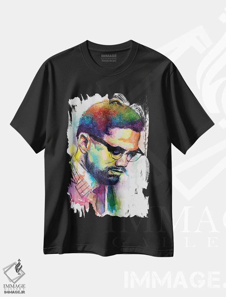 تیشرت مشکی طرح دار – تیشرت سیاسی ,مالکوم ایکس اثر مورگان اورتون immage.ir