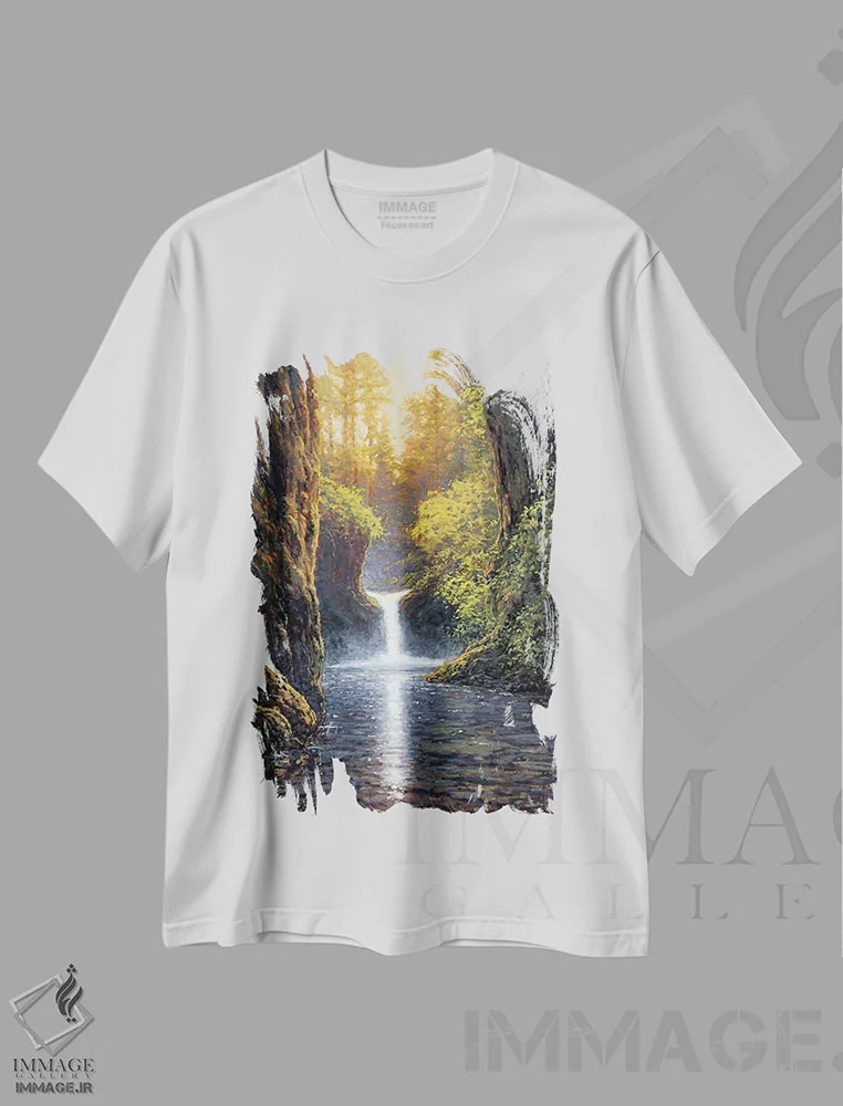 تیشرت سفید طرح دار – تیشرت طبیعت آبی ,آبشار پانچ باول اثر مایکل اورویک فروشگاه ایماژ