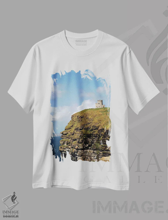 تیشرت سفید طرح دار – تیشرت منظره ,صخره های تماشایی موهر و برج اوبراین اثر مریلین پارور immage.ir