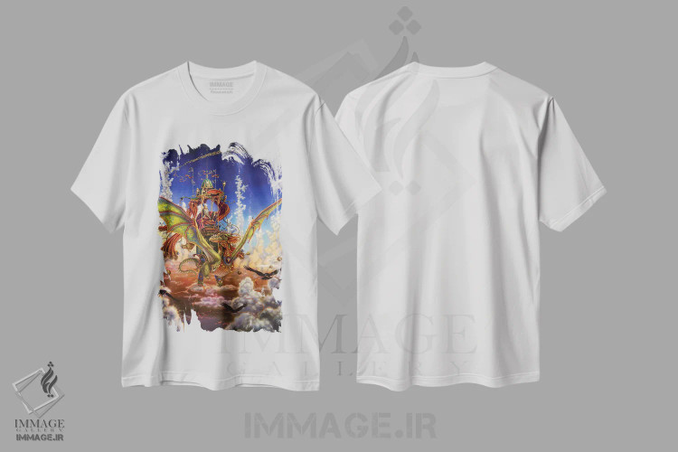 تیشرت سفید طرح دار – تیشرت فانتزی ,پرواز اژدها اثر مایلز پینکنی فروشگاه ایماژ