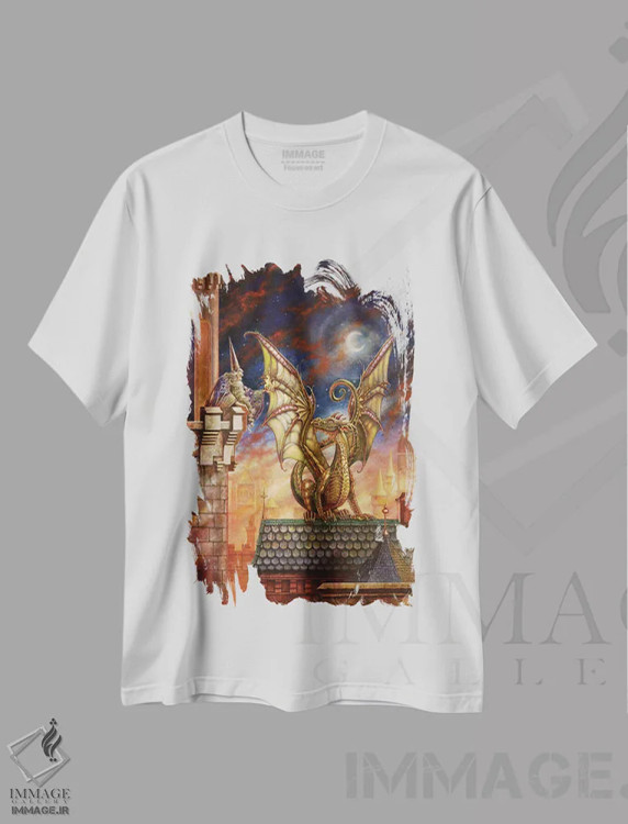 تیشرت سفید طرح دار – تیشرت فانتزی ,آتش اژدها اثر مایلز پینکنی فروشگاه ایماژ