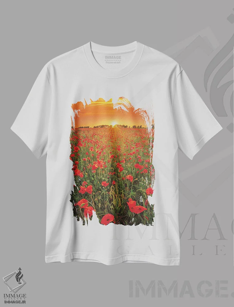 تیشرت سفید طرح دار – تیشرت گلدار ,گل های خشخاش در غروب اثر مارتین پودت immage.ir