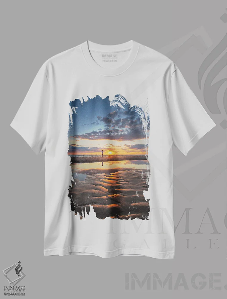 تیشرت سفید طرح دار – تیشرت منظره ,غروب آرام اثر مارتین پودت فروشگاه ایماژ