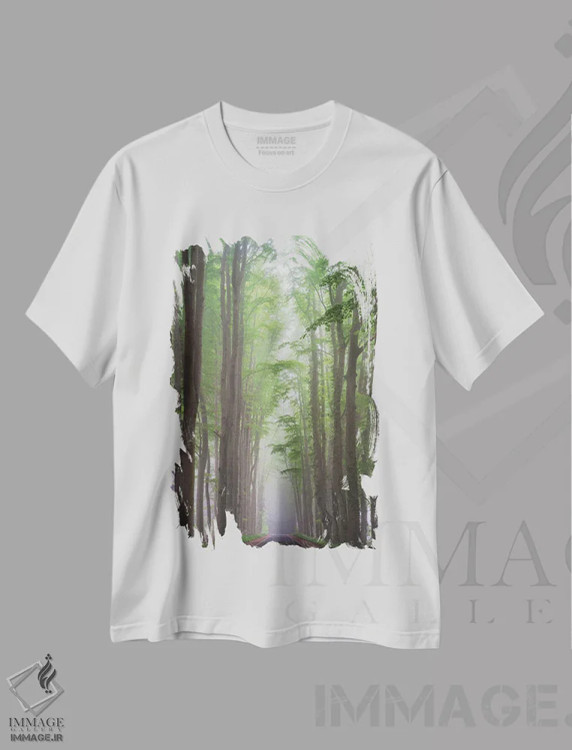 تیشرت سفید طرح دار – تیشرت منظره ,جاده مه آلود اثر مارتین پودت immage.ir