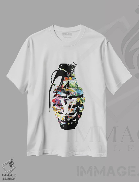 تیشرت سفید طرح دار – تیشرت پاپ آرت ,نارنجک لویی ویتون اثر مورگان پاسلیه immage.ir
