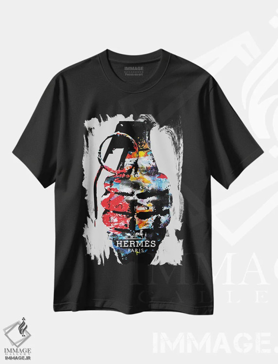 تیشرت مشکی طرح دار – تیشرت مد و برند ,نارنجک هرمس اثر مورگان پاسلیه فروشگاه ایماژ