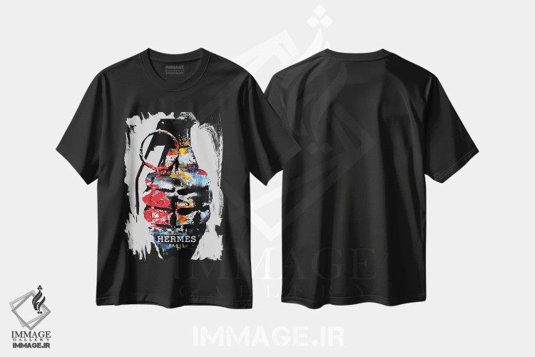 تیشرت مشکی طرح دار – تیشرت مد و برند ,نارنجک هرمس اثر مورگان پاسلیه فروشگاه ایماژ