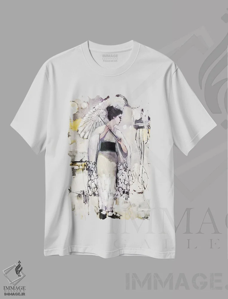 تیشرت سفید طرح دار – تیشرت پرتره زنانه ,فضای گیشا اثر مری پرت فروشگاه ایماژ