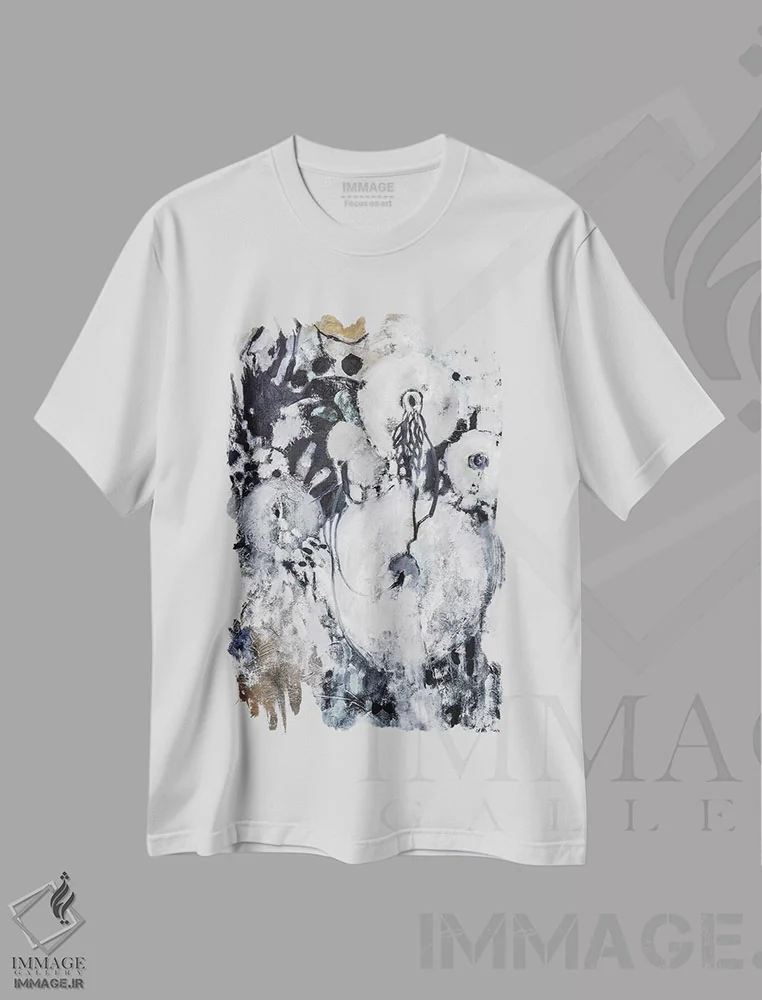 تیشرت سفید طرح دار – تیشرت انتزاعی ,حس شهودی چندلایه اثر مری پرت فروشگاه ایماژ