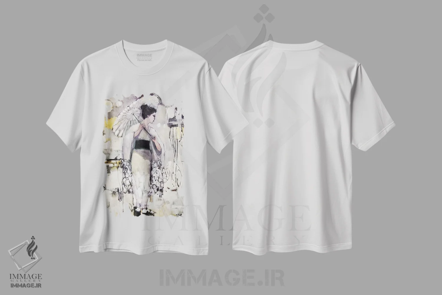 تیشرت سفید طرح دار – تیشرت پرتره زنانه ,فضای گیشا اثر مری پرت فروشگاه ایماژ