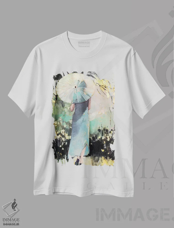 تیشرت سفید طرح دار – تیشرت هنری زنانه ,چتر سفید اثر مری پرت فروشگاه ایماژ