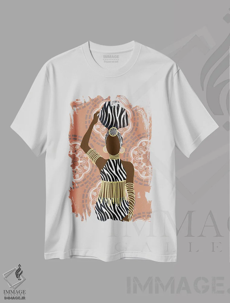 تیشرت سفید طرح دار – تیشرت هنری ,زن با ماندالا و طرح گورخری مرجانی اثر متیو پیوتروویچ immage.ir