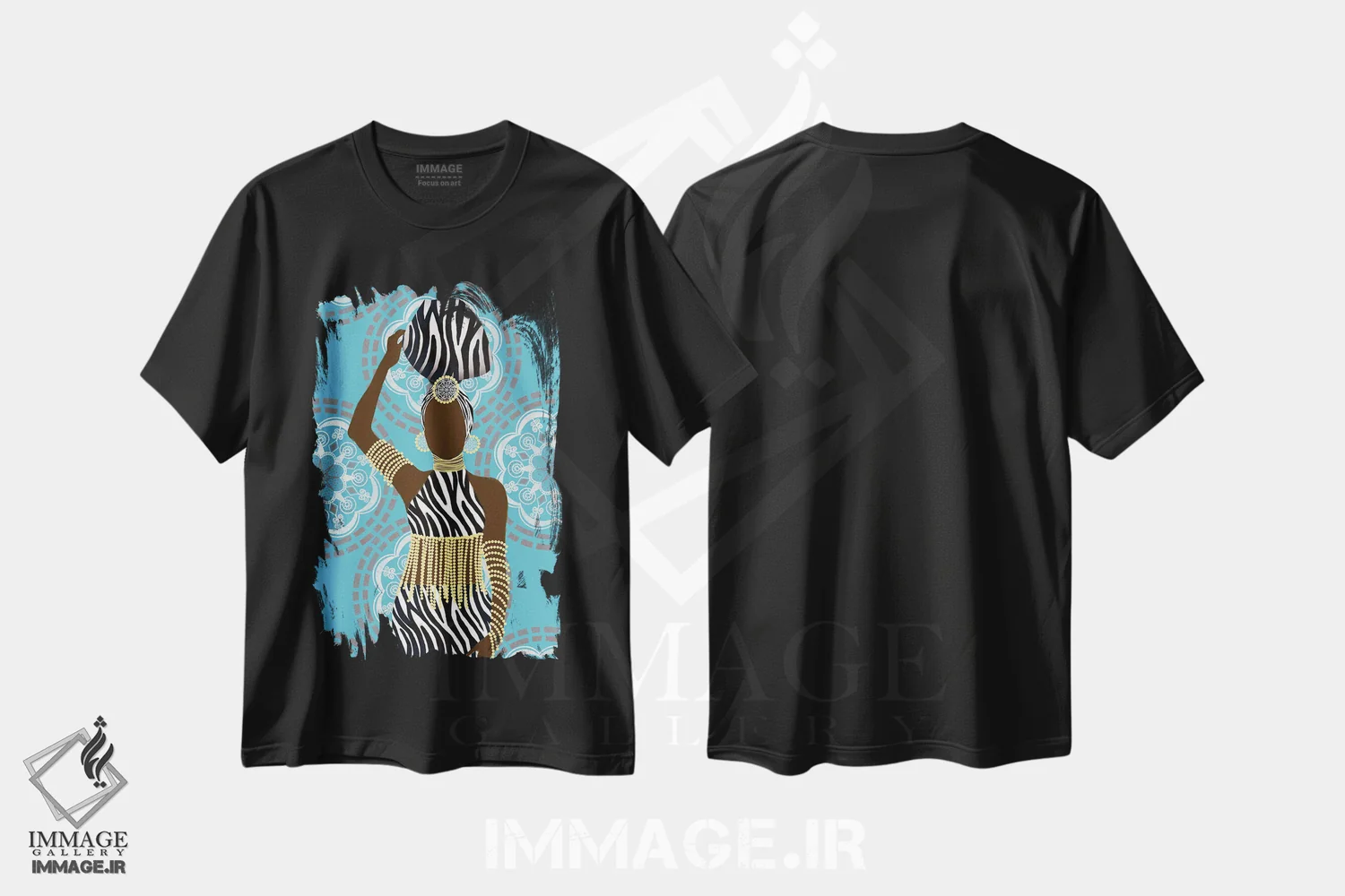 تیشرت مشکی طرح دار – تیشرت هنری ,زن با ماندالا و طرح گورخری فیروزه ای اثر متیو پیوتروویچ immage.ir