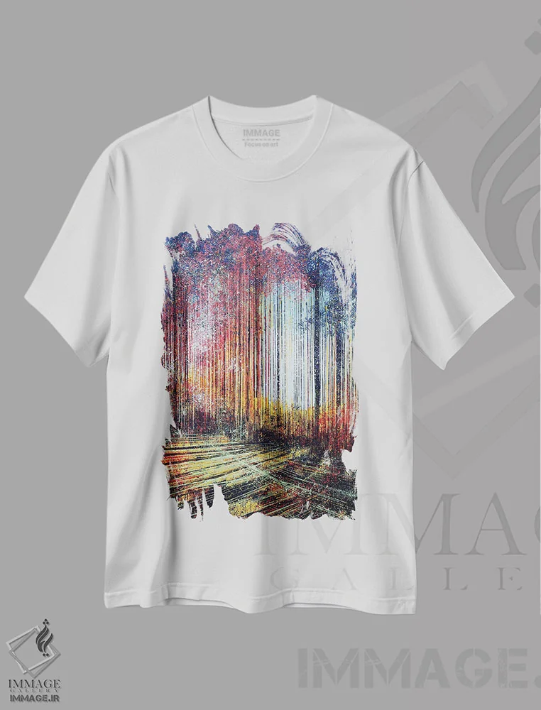 تیشرت سفید طرح دار – تیشرت طبیعت ,نور خورشید از میان درختان اثر مارک تاد immage.ir