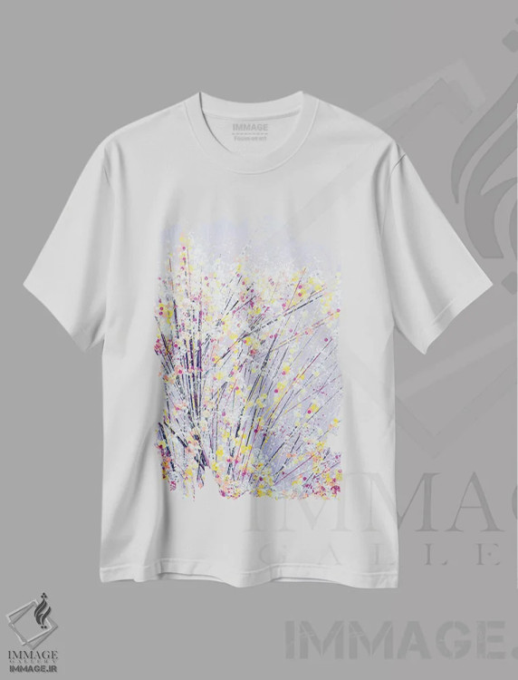 تیشرت سفید طرح دار – تیشرت هنری گلدار ,شکوفه زیر آسمان یاسی اثر مارک تاد فروشگاه ایماژ