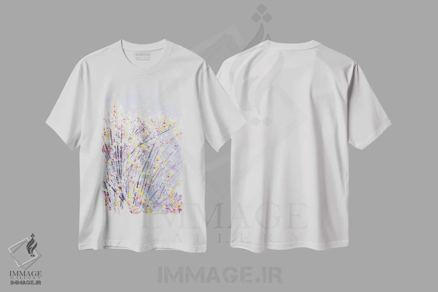 تیشرت سفید طرح دار – تیشرت هنری گلدار ,شکوفه زیر آسمان یاسی اثر مارک تاد فروشگاه ایماژ