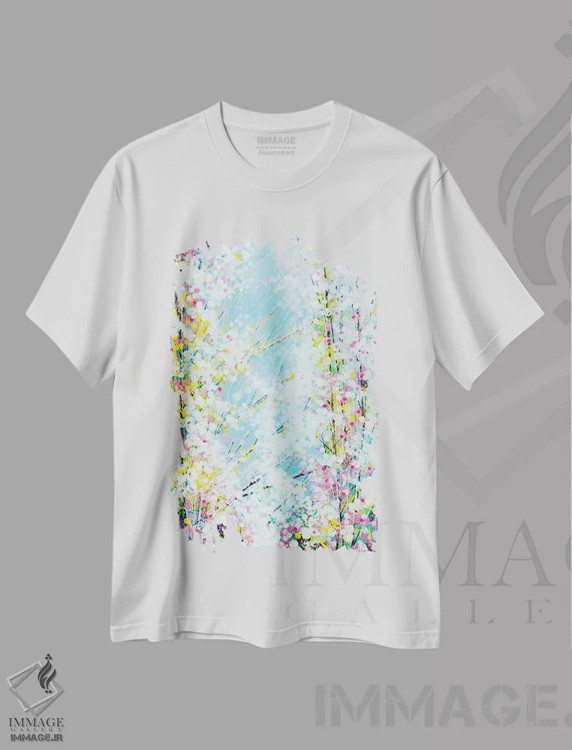 تیشرت سفید طرح دار – تیشرت طبیعت ,شکوفه با آسمان آبی ملایم اثر مارک تاد فروشگاه ایماژ