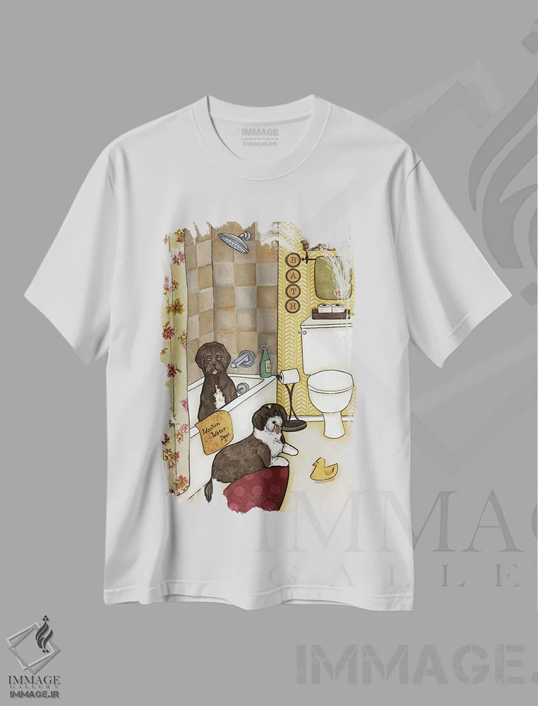 تیشرت سفید طرح دار – تیشرت طنز حیوانات ,شستن سگ های آبی اثر جیمی موراث immage.ir