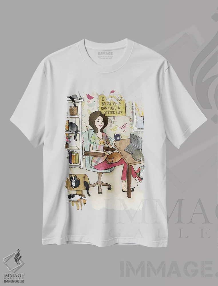 تیشرت سفید طرح دار – تیشرت طنز حیوانات ,زندگی بهتر برای گربه ها اثر جیمی موراث فروشگاه ایماژ