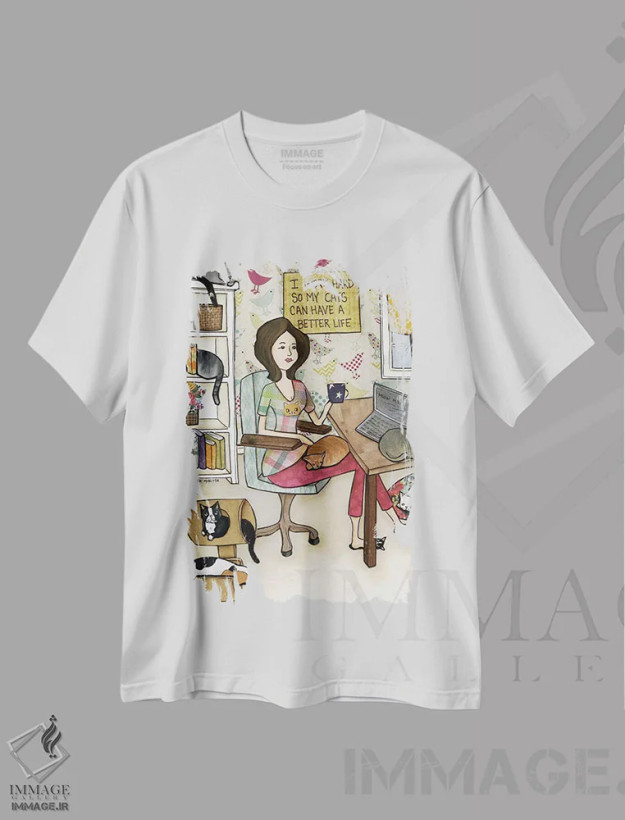 تیشرت سفید طرح دار – تیشرت طنز حیوانات ,زندگی بهتر برای گربه ها اثر جیمی موراث فروشگاه ایماژ