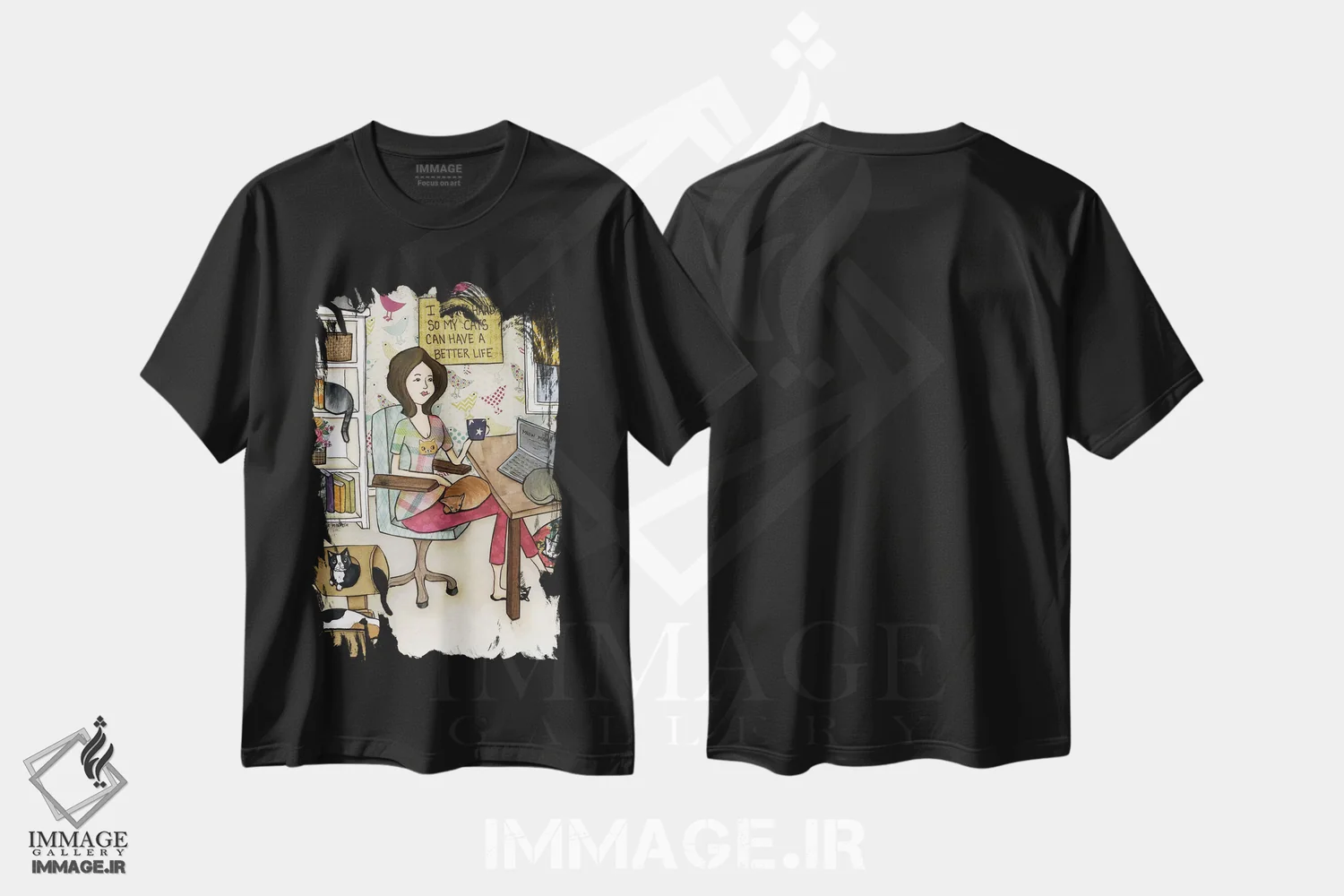 تیشرت مشکی طرح دار – تیشرت طنز حیوانات ,زندگی بهتر برای گربه ها اثر جیمی موراث immage.ir