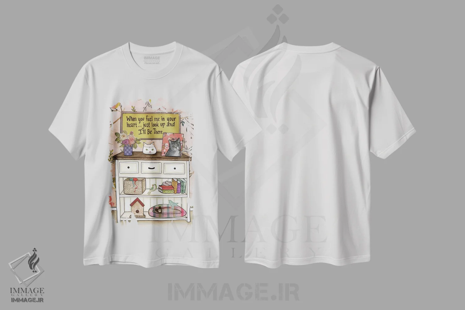 تیشرت سفید طرح دار – تیشرت طنز حیوانات ,من پیشت هستم گربه اثر جیمی موراث فروشگاه ایماژ