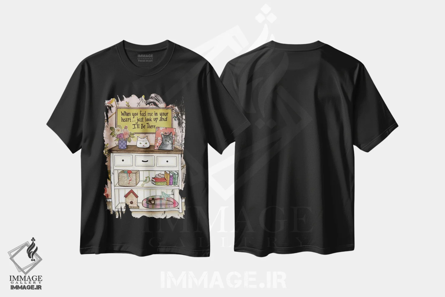 تیشرت مشکی طرح دار – تیشرت طنز حیوانات ,من پیشت هستم گربه اثر جیمی موراث immage.ir