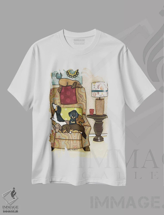 تیشرت سفید طرح دار – تیشرت سگ ها ,صندلی پر از وینی ها اثر جیمی موراث immage.ir