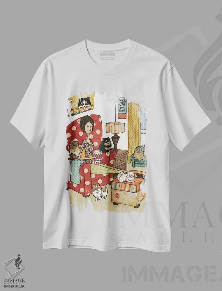 تیشرت سفید طرح دار – تیشرت طنز حیوانات ,پامرانین ها و پاپ کورن اثر جیمی موراث فروشگاه ایماژ