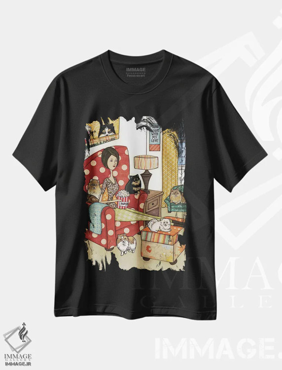 تیشرت مشکی طرح دار – تیشرت طنز حیوانات ,پامرانین ها و پاپ کورن اثر جیمی موراث immage.ir