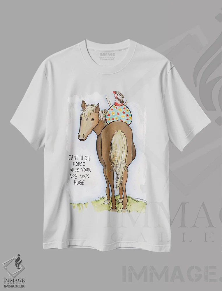 تیشرت سفید طرح دار – تیشرت طنز ,اسب مغرور اثر جیمی موراث immage.ir