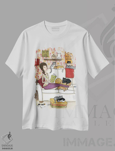 تیشرت سفید طرح دار – تیشرت گربه دوست ,خانم گربه دوست دیوانه اثر جیمی موراث فروشگاه ایماژ