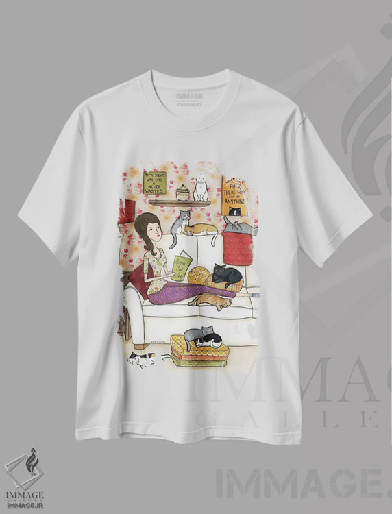 تیشرت سفید طرح دار – تیشرت گربه دوست ,خانم گربه دوست دیوانه اثر جیمی موراث فروشگاه ایماژ