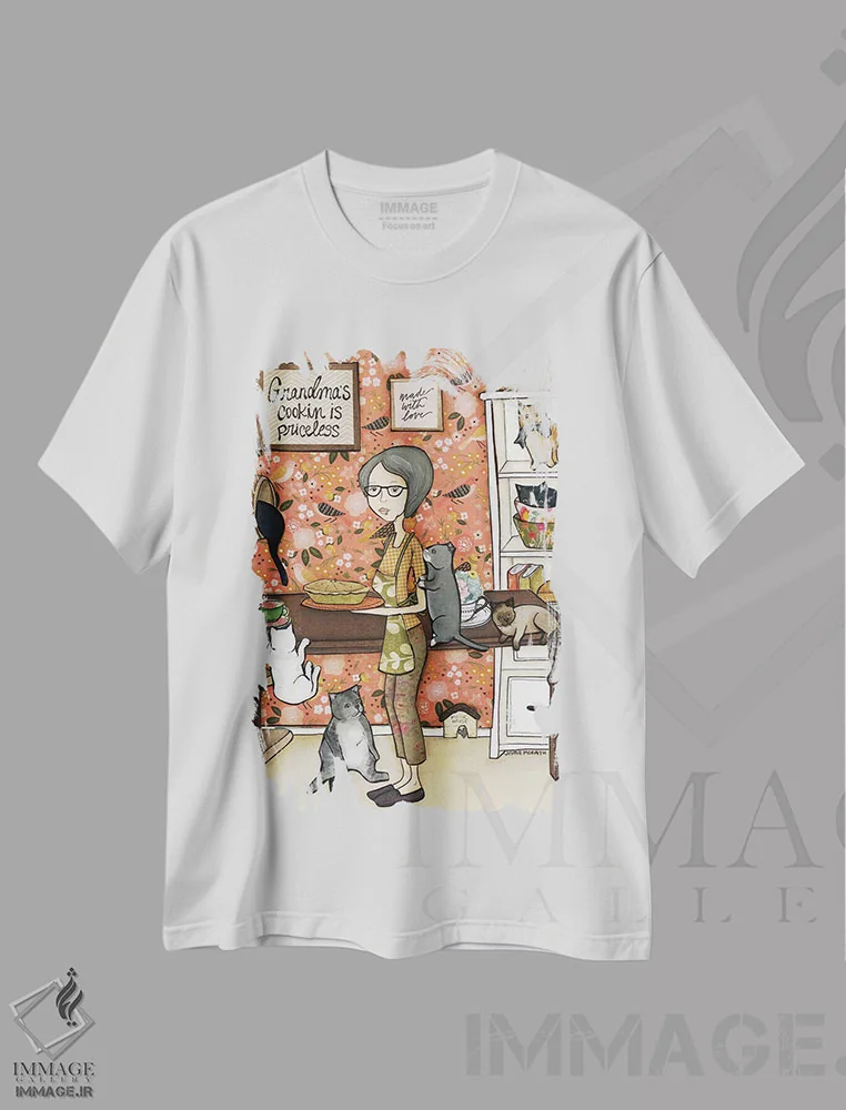تیشرت سفید طرح دار – تیشرت هنری ,آشپزی مادربزرگ اثر جیمی موراث immage.ir