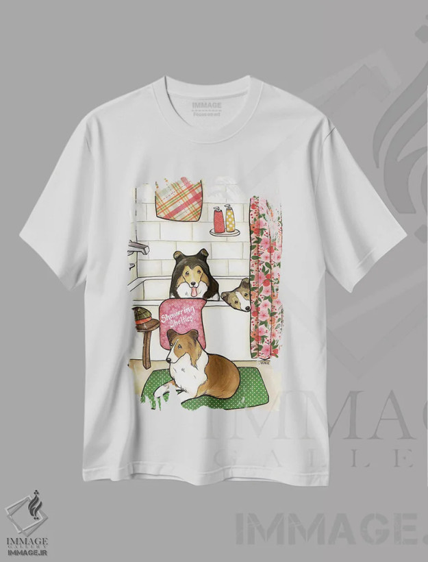 تیشرت سفید طرح دار – تیشرت سگ شتلند ,شستن شلتی ها اثر جیمی موراث فروشگاه ایماژ