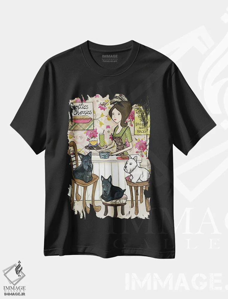 تیشرت مشکی طرح دار – تیشرت حیوانات ,اسکاتی ها و گیلاس ها اثر جیمی موراث فروشگاه ایماژ