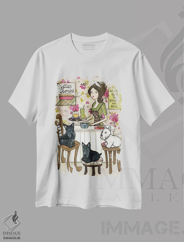 تیشرت سفید طرح دار – تیشرت حیوانات ,اسکاتی ها و گیلاس ها اثر جیمی موراث immage.ir