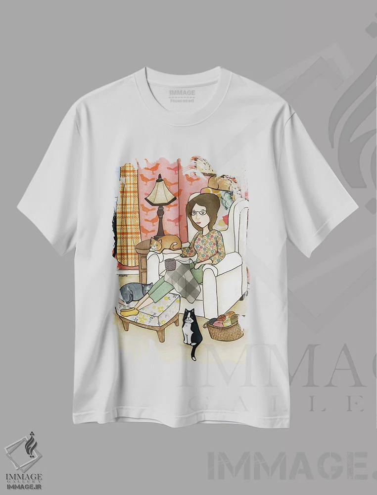 تیشرت سفید طرح دار – تیشرت گربه ,خیلی خوشحالم اثر جیمی موراث فروشگاه ایماژ