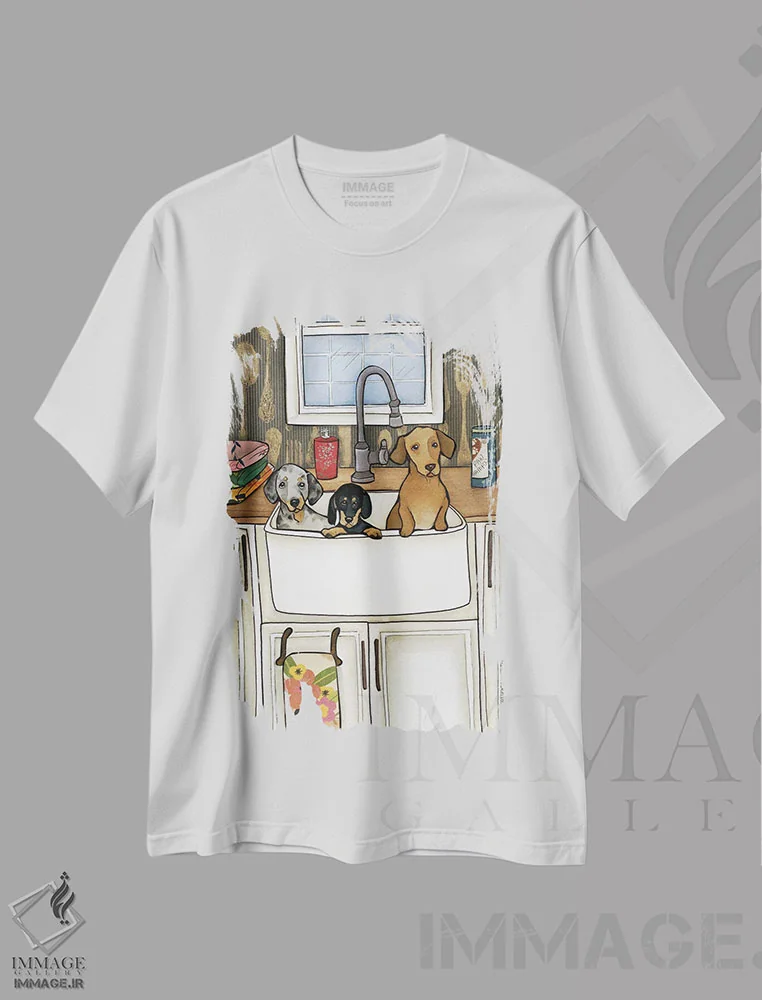 تیشرت سفید طرح دار – تیشرت سگ ,حمام سینکی سوسیس ها اثر جیمی موراث فروشگاه ایماژ